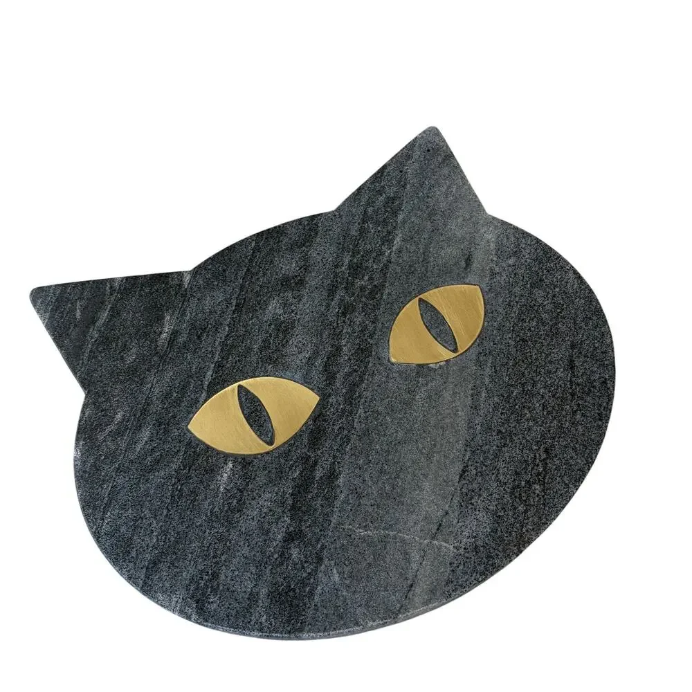 Godinger Black Cat Shaped Marble Serving Board With Brass Inlay 12x10.5 NEW